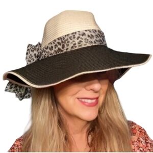 Jacobson Hat Navy and off white White Lotus wide straw brim Animal Print band